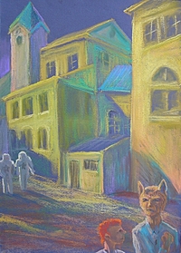 „Golemy idą”, Agnieszka „Achika” Szady. Pastel, karton. 25×35 cm.