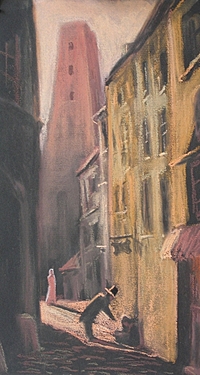 „Wieża”, Agnieszka „Achika” Szady. Pastel, karton. 20×35 cm.