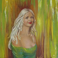 Portret (w zieleni); olej na płótnie, 75×75 cm, 2009
