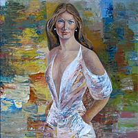 Kobieta w bieli; olej na kartonie, 75×75 cm, 1994