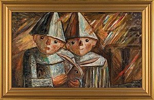 Tadeusz Makowski, Dwoje dzieci z królikiem, ok. 1930, 42.5×72 cm, olej, sklejka