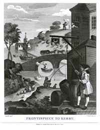   William Hogarth, Karykatura prezentujaca zagadnienie perspektywy. Okladka ksiazki B. Taylora, Method of Perspective, Anglia, 1754.