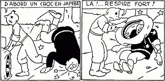 Do napompowania dętki Tintin zmusza przypadkowego przechodnia