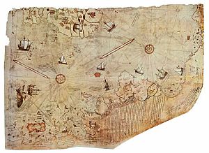 Mapa Piri Rejsa, powstała w 1513 roku na podstawie wielu innych map, m.in. mapy świata z 1428 roku – zbliżenie na Amerykę Południową (fot. ze strony www.1421.tv)