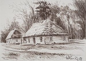 Zin Wiktor - Chaty na skraju lasu, 1978, pastel sepiowy, papier, 29.6×41.7 cm