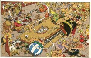 Na jednym kadrze komiksowym, można oddać dużo więcej akcji niż na ujęciu filmowym [Asteriks – 'Wielka przeprawa' – Goscinny, Uderzo].