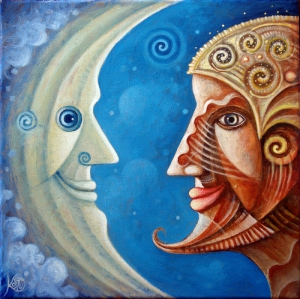 Leszek Kostuj, Księżyc i strażnik Słońca, olej 30×30 cm, 2012 rok
