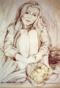 Joanna Chalecka, Pożegnanie z zielonym misiem (rysunek, sepia)