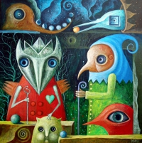Leszek Kostuj, Strażnicy zapomnianego nieba, akryl, 45×45 cm, 2011 rok
