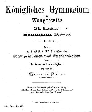 Pamiątka z wągrowieckiego Gimnazjum (rok szkolny 1888/89) podpisana przez dyrektora Wilhelma Ronke