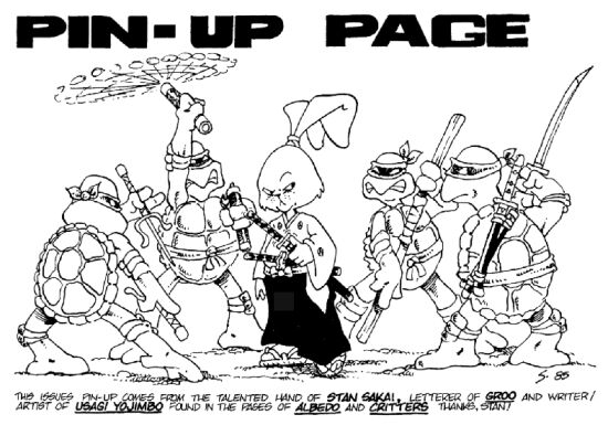 Usagi Yojimbo pojawiał się kilkakrotnie w komiksie „Teenage Mutant Ninja Turtles”. Spotykał się z nimi również na łamach własnego komiksu. Dodatkowo wystąpił w dwóch odcinkach serialu animowanego z przygodami wojowniczych żółwi. Stan zgodził się na to, ponieważ to on projektował postać Usagiego na potrzeby kreskówki, oraz Usagi na początku pokonuje żółwie.