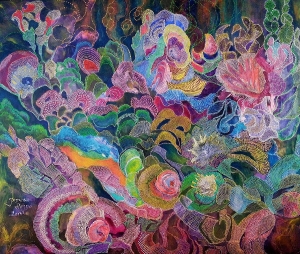 Jadwiga Hajdo, Kolorowa romanca, 110×90, akryl, płótno