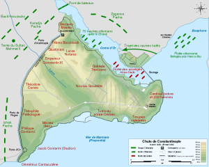 Mapa oblężenia Konstantynopola, z zaznaczonym lądowym przejściem floty.<br/>Za: commons.wikimedia.org