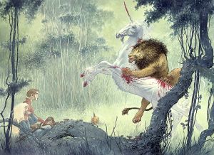 „The Lion and the Unicorn” – ilustracja Charlesa Vessa do oryginalnego wydania „Gwiezdnego pyłu” (www.greenmanpress.com).