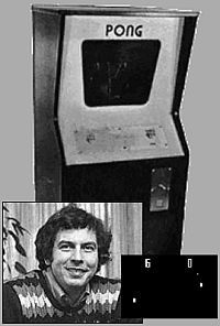 Automat z Pongiem. Na małych zdjęciach Nolan Bushnell oraz ekran z grą. 